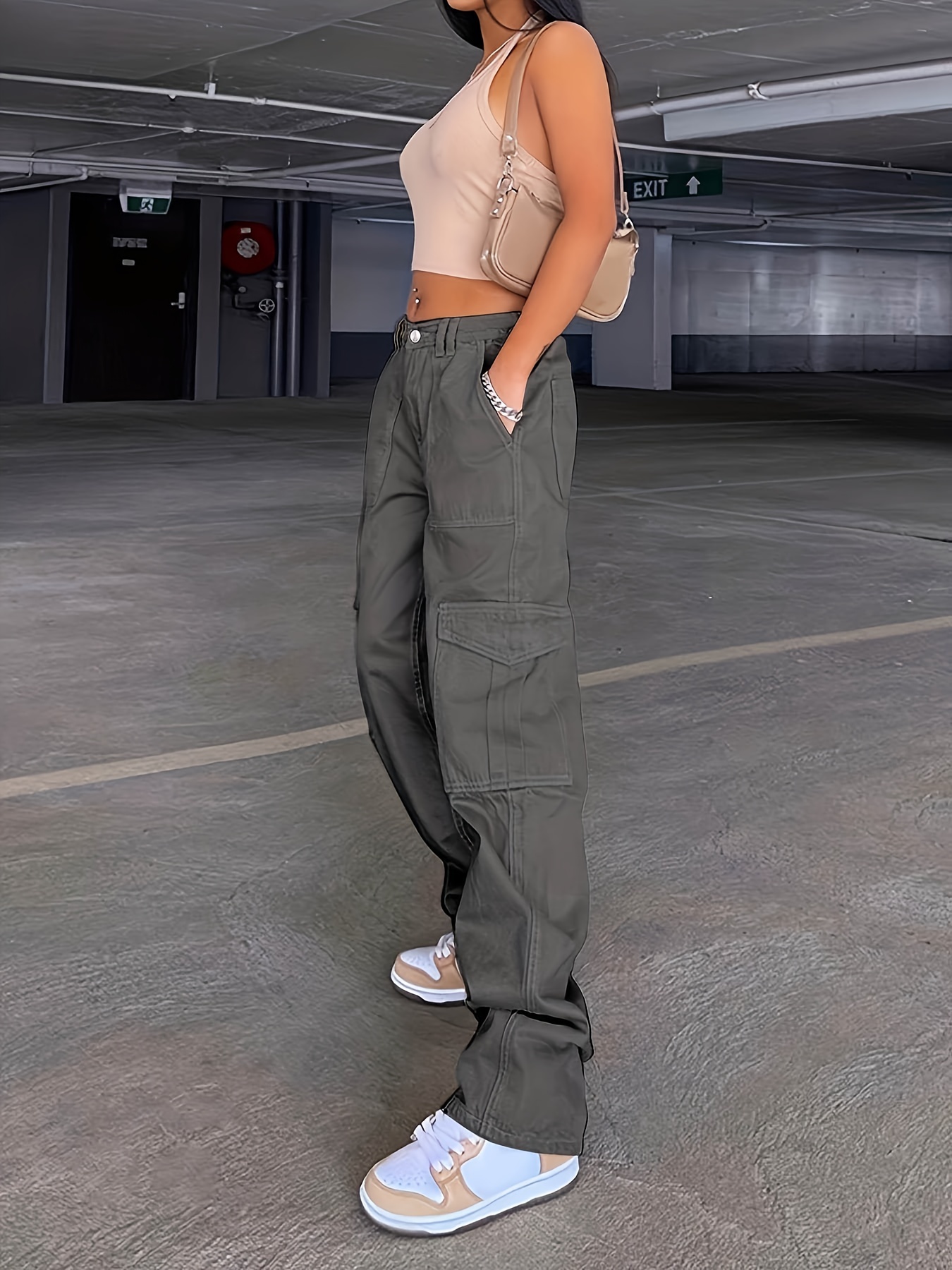 loose fit high waist cargo pants wide legs high rise flap pockets non stretch straight legs denim pants y2k kpop vintage style womens denim jeans clothing details 6