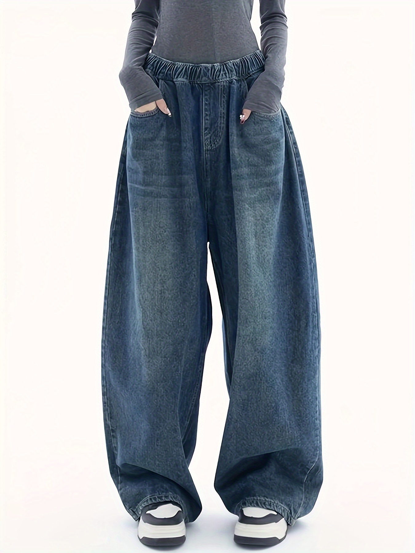 elastic waist wide leg jeans, elastic waist wide leg jeans slant pocket loose streetwear y2k baggy denim pants womens denim jeans clothing details 0