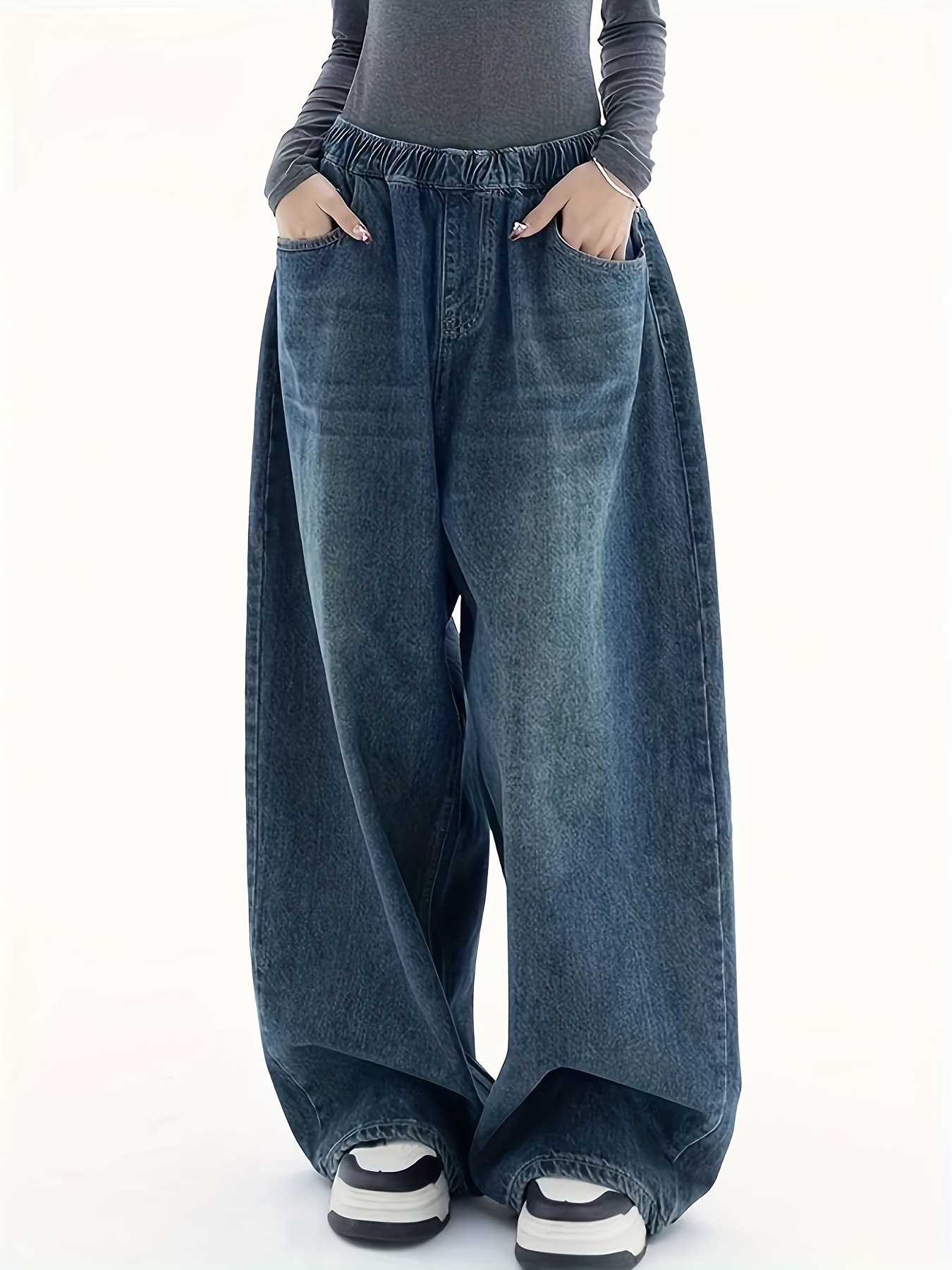 elastic waist wide leg jeans, elastic waist wide leg jeans slant pocket loose streetwear y2k baggy denim pants womens denim jeans clothing details 4