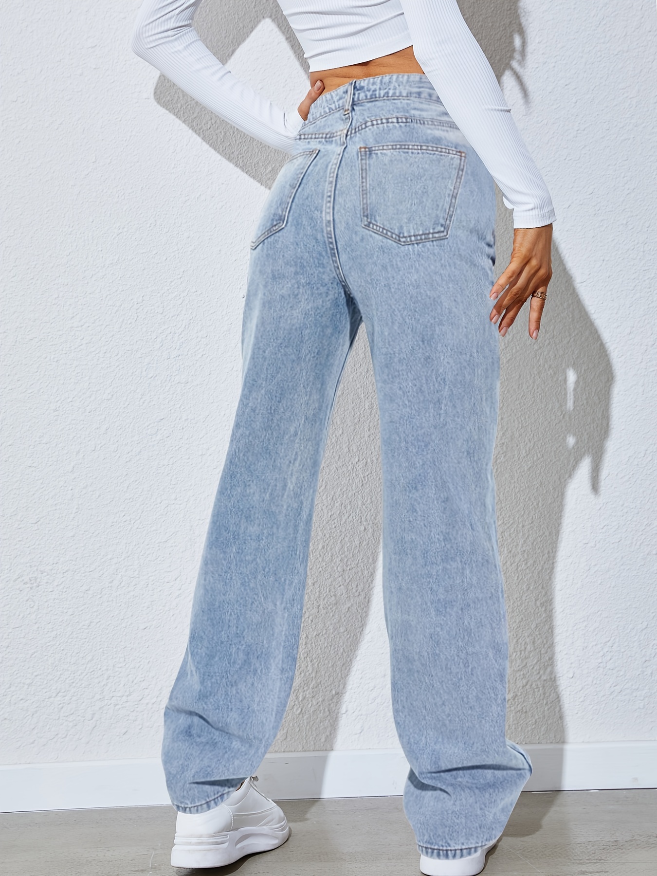 light blue versatile straight jeans loose fit slash pockets baggy denim pants womens denim jeans clothing details 0