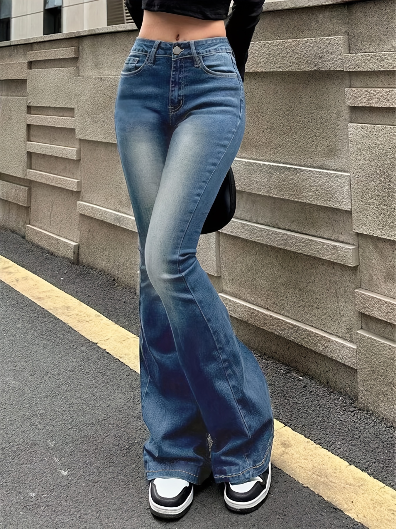 plain washed retro flare jeans slim fit high stretch slant pockets bell bottom jeans womens denim jeans clothing details 16