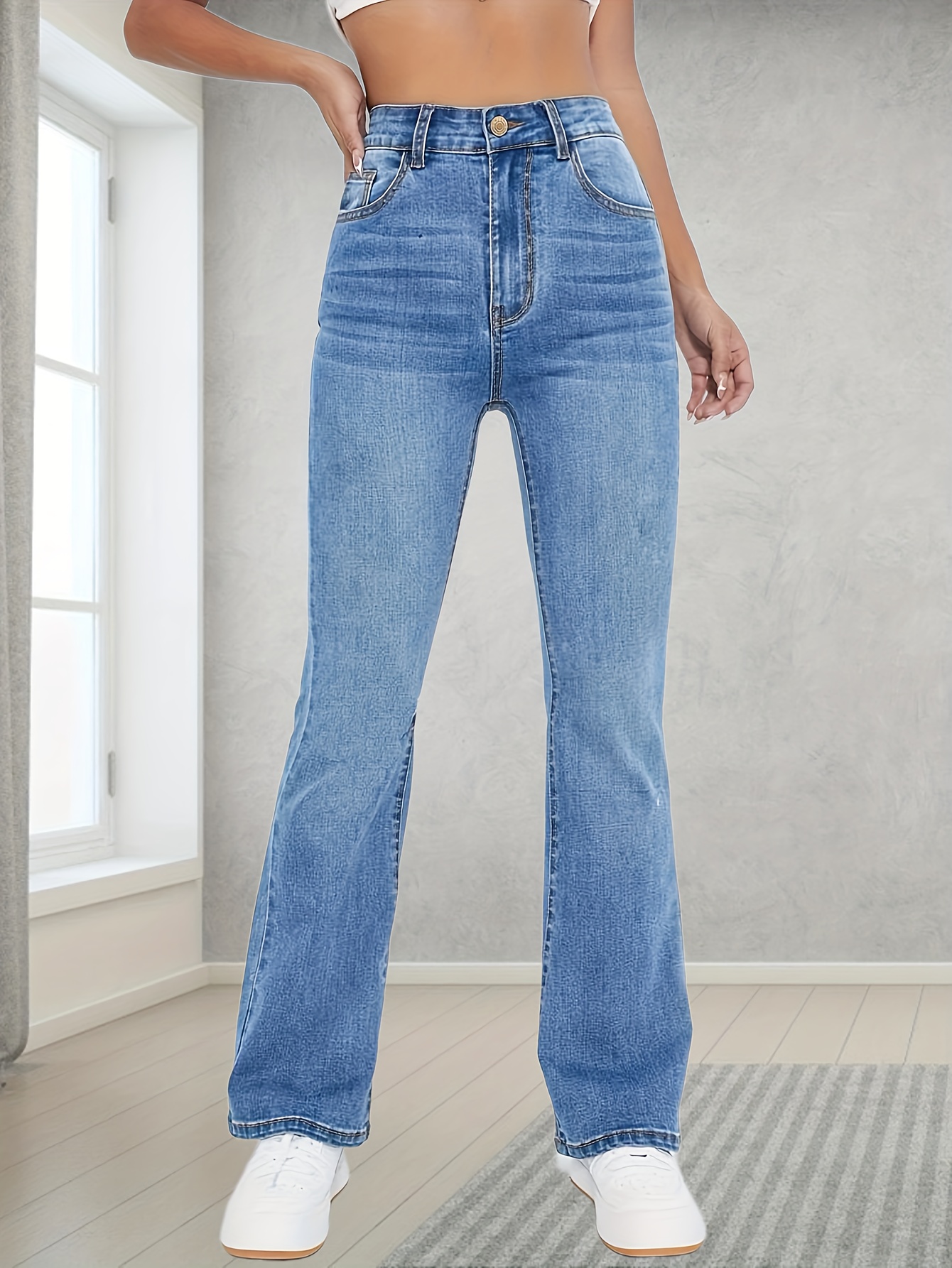 light blue casual bootcut jeans mid stretch slant pockets high waist denim pants womens denim jeans clothing details 2