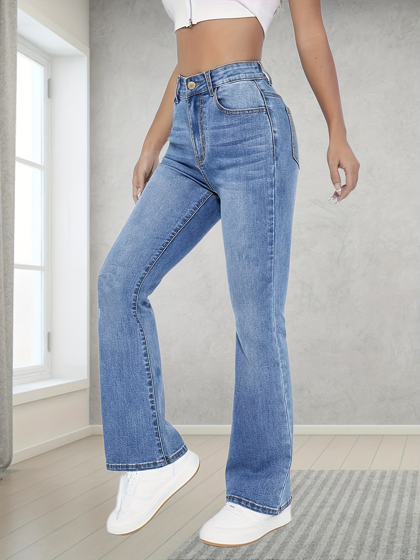 light blue casual bootcut jeans mid stretch slant pockets high waist denim pants womens denim jeans clothing details 4